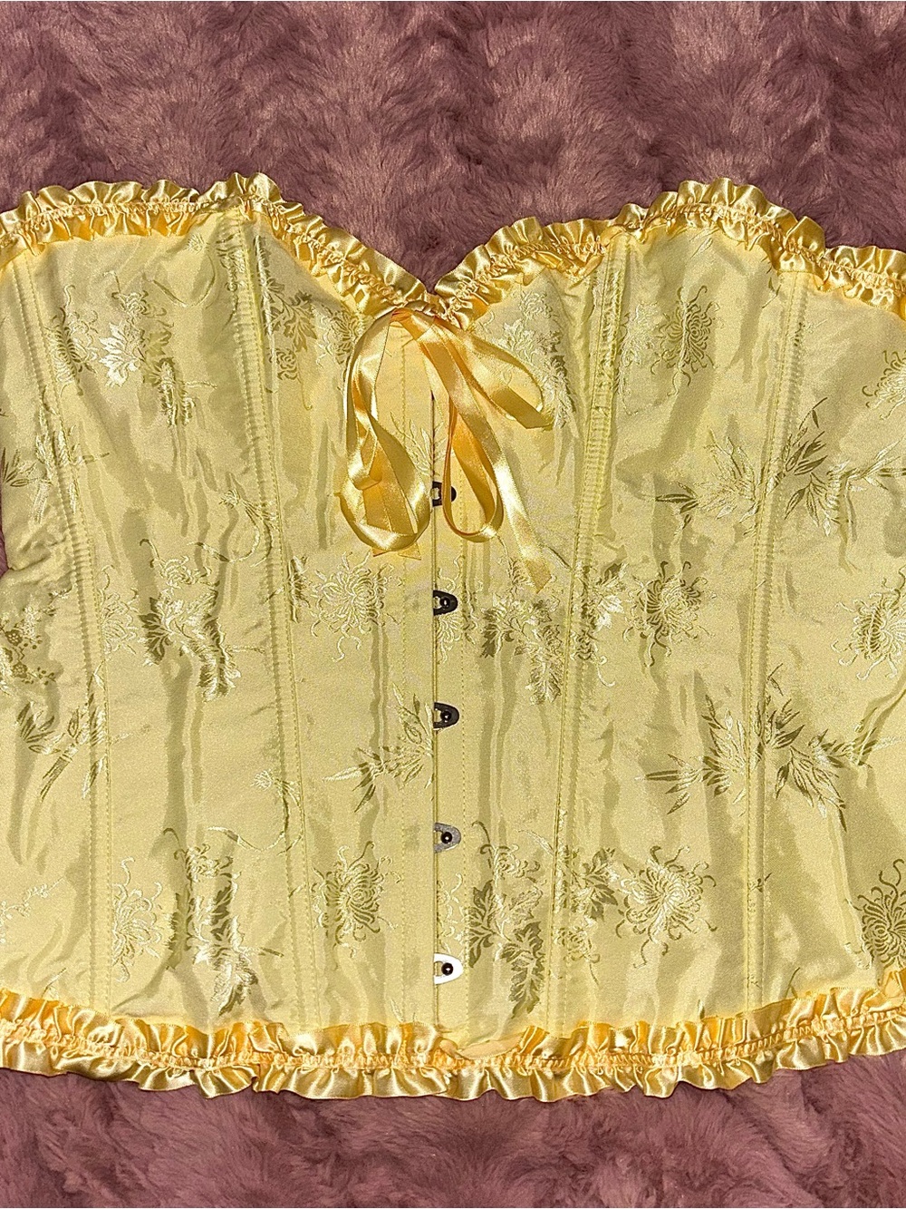 Yellow Satin Corset Bustier with Ruffle Trim